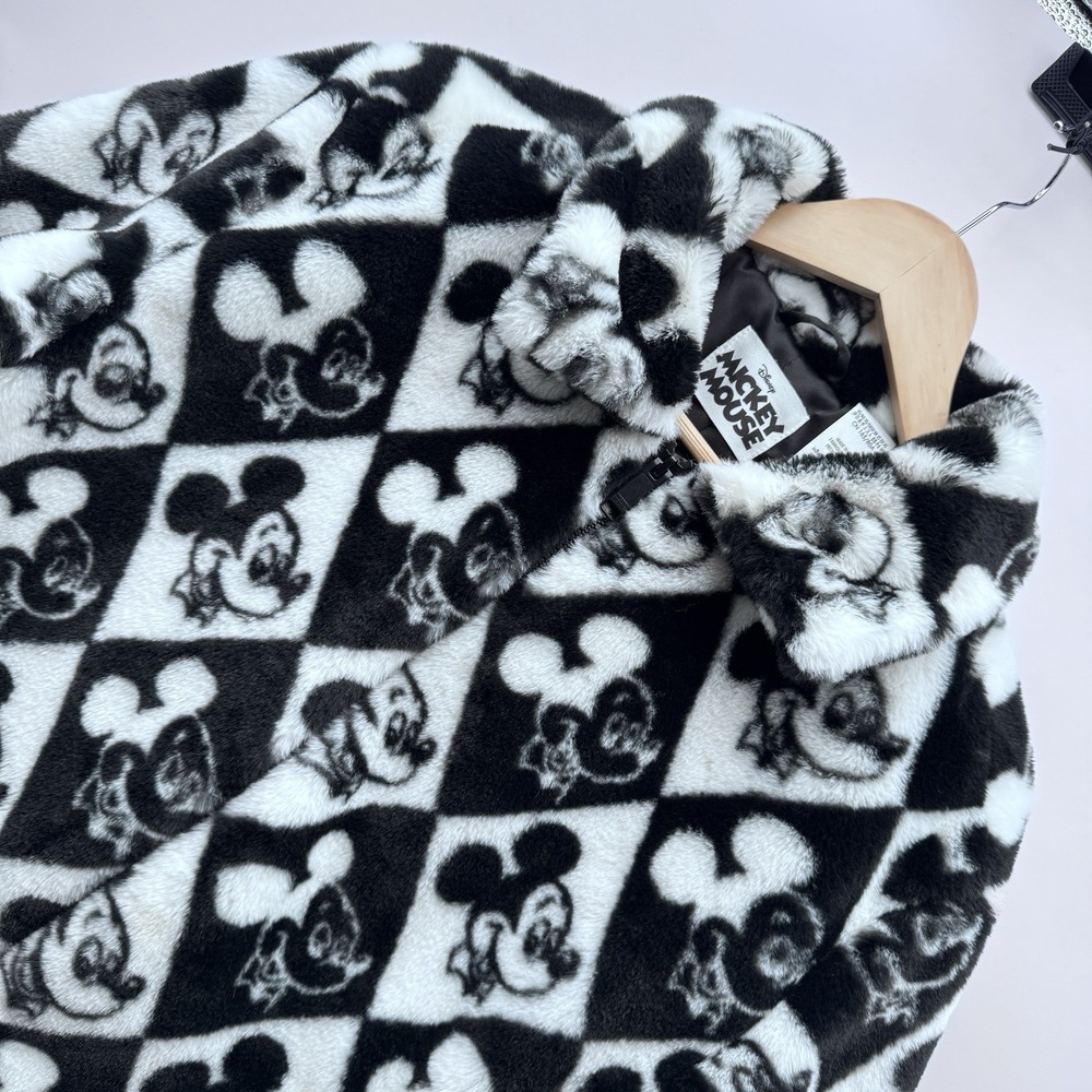 Disney Parks Mickey Mouse Checkerboard Faux Fur Jacket RARE Adult Unisex XS Coat